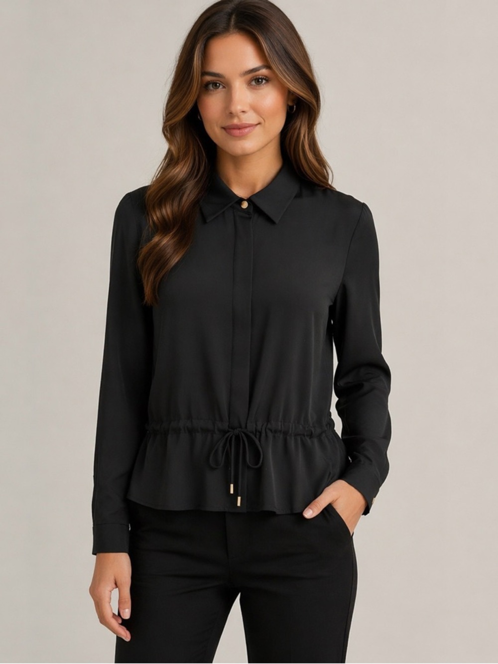 Tristan Black Button Down Shirt with Drawstring